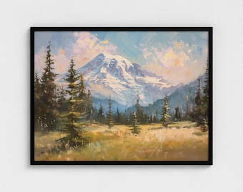 Mount Rainier  National Park Painting, Flower Decor, Mountain Print, Nature Wall Decor Mount Rainier Meadow Painting Mountainscape Wall Art