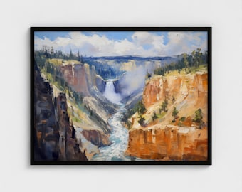 Dipinto a olio sul fiume Yellowstone, decorazione western, stampa di montagna, decorazione murale naturalistica, dipinto del Grand Canyon delle cascate inferiori di Yellowstone