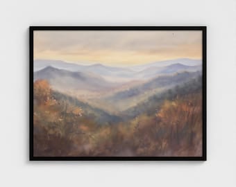 Great Smoky Mountains Oil Painting, National Park, Mountain Print, Autumn Great Smoky Mountain Nature Rustic Muted Warm Mountainscape Decor