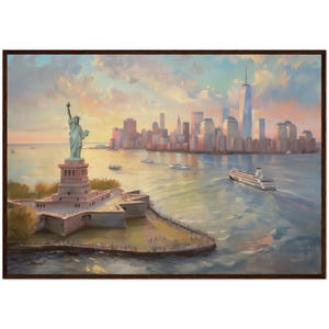 Statua della Libertà Tramonto Dipinto Skyline di New York Stampa artistica Paesaggio urbano di New York Arte murale Viaggio USA Pronta da appendere Stampa artistica Fiume Hudson