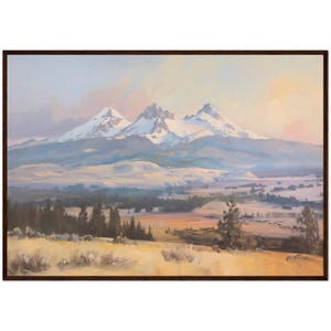 Three Sister Mountain Oil Painting Oregon Mountain Print, Autumn Cascade Range Painting Nature Wall Decor Canada Ready to Hang Wooden Frame