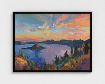 Crater Lake National Park Painting Art Print Crater Lake Wall Art Panoramic Sunset Print USA National Park Wall Decor Oregon USA