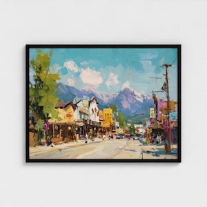 Pintura de Jackson Hole, Wyoming, impresión artística de la plaza de Jackson Hole, decoración del oeste, impresión de montaña, impresión artística de la ciudad, calle Cache de Jackson Hole