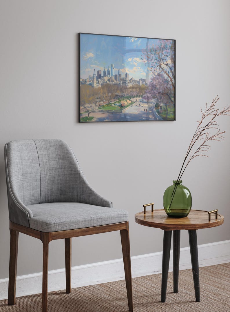 Philadelphia Skyline schilderij Philadelphia Skyline Art Print USA Pennsylvania schilderij Philadelphia Cityscape klaar om op te hangen muurkunst ingelijst afbeelding 3