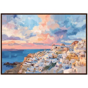 Santorini Painting Art Print Panoramic Santorini Impressionism Painting Blue Domed Churches Sunset Aegean Sea Greek Charm Wall Decor