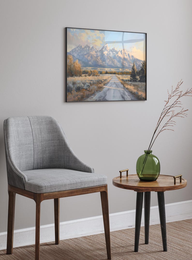 Dipinto del Parco Nazionale del Grand Teton, decorazione western, stampa di montagna, decorazione murale naturalistica, dipinto sulla strada del Grand Teton, decorazione murale con paesaggio montano immagine 4