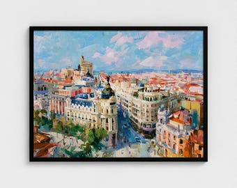 Spain Madrid Metropolis Building Painting Art Print Gran Via Street Impressionism Wall Art Madrid Skyline Wall Decor