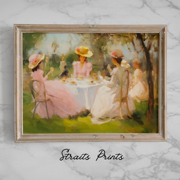 Vintage Tea Party Oil Painting Printable Download Elegant Teacups, Cakes, & Women in Classic Dresses - Instant Download Wall Art Retro Decor