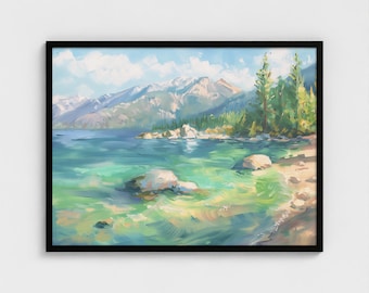 タホ湖の油絵、アメリカ、アートプリント、鮮やかな自然、タホ湖の壁飾り、カリフォルニア旅行ポスター、額入りアート