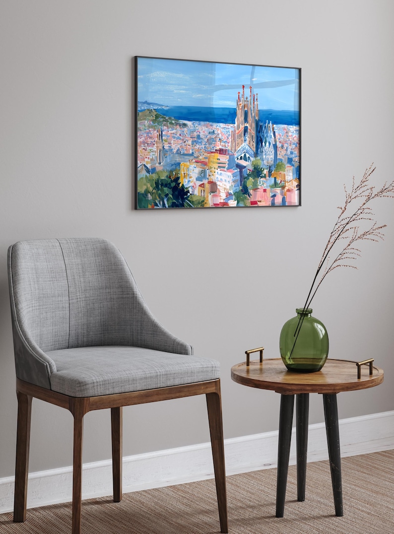 Spain Barcelona Skyline Painting Art Print Sagrada Familia Impressionism Ready to Hang Wall Decor image 3