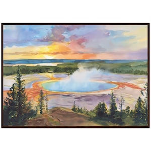Yellowstone Prismatic Spring Oil Painting, Western Decor, Yellowstone National Park Painting Wall Decor Sunset Yellowstone Vibrant Art Print