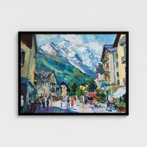 France Mont Blanc Oil Painting Art Print Street of Chamonix Travel Print France Alps Wall Decor image 1