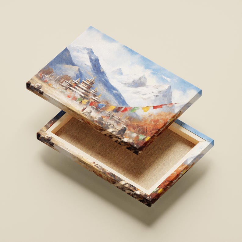 Mountain Majesty: Himalaya-gebergte met kloosterolieverfschilderij - Mount Everest-kunstdruk, kant-en-klaar muurdecor Cadeau bergliefhebber afbeelding 12