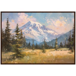 Pittura del parco nazionale del monte Rainier, decorazione floreale, stampa di montagna, decorazione murale della natura Pittura del prato del monte Rainier, arte murale del paesaggio montano