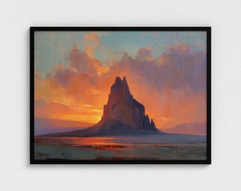 Pintura de Shiprock, Nuevo México, impresión artística de Nuevo México, atardecer en Nuevo México, arte mural natural, viajes, EE. UU., listo para colgar, impresión artística enmarcada