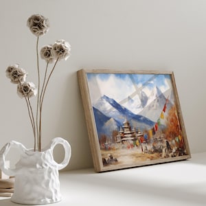 Mountain Majesty: Himalaya-gebergte met kloosterolieverfschilderij - Mount Everest-kunstdruk, kant-en-klaar muurdecor Cadeau bergliefhebber afbeelding 4