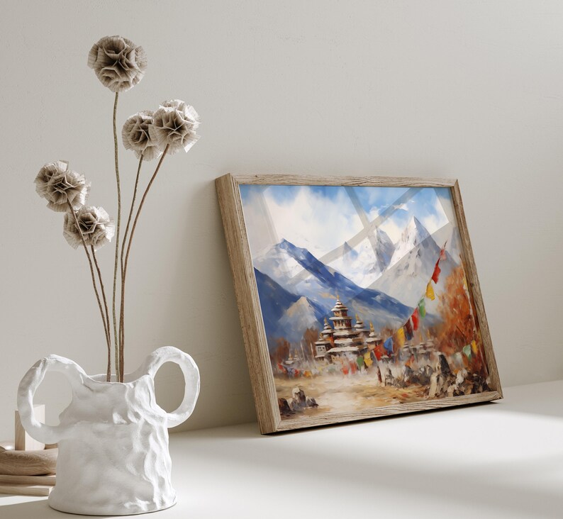 Mountain Majesty: Himalaya-gebergte met kloosterolieverfschilderij - Mount Everest-kunstdruk, kant-en-klaar muurdecor Cadeau bergliefhebber afbeelding 4