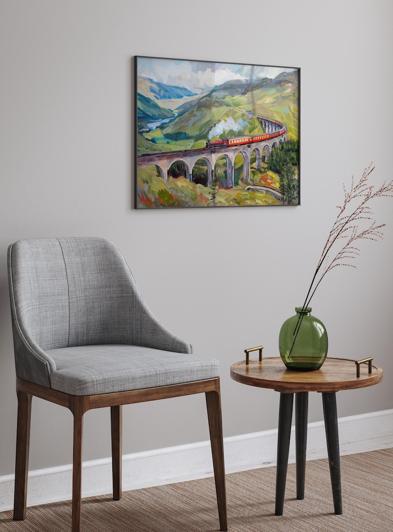 Scotland Highland Oil Painting Glenfinnan Viaduct Art Print Train Running through Scotland Nature Beauty Wall Decor Scotland Travel Gift image 2
