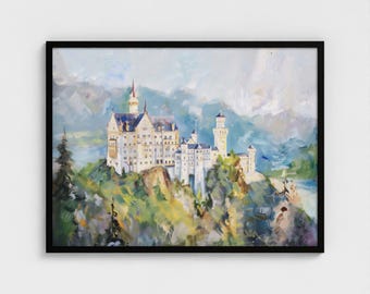 Neuschwanstein Castle Painting Germany Art Print  Germany Travel Poster Germany Travel Gift Ready to Hang Housewarming Gift