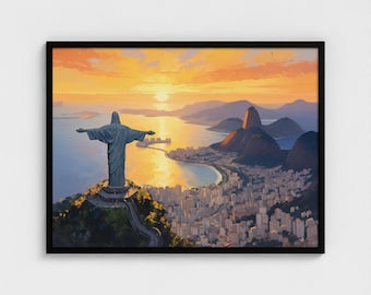 Pintura al óleo de paisaje brasileño, impresiones artísticas para decoración del hogar, pintura del Cristo Redentor para la sala de estar, pintura artística del atardecer, impresión vintage