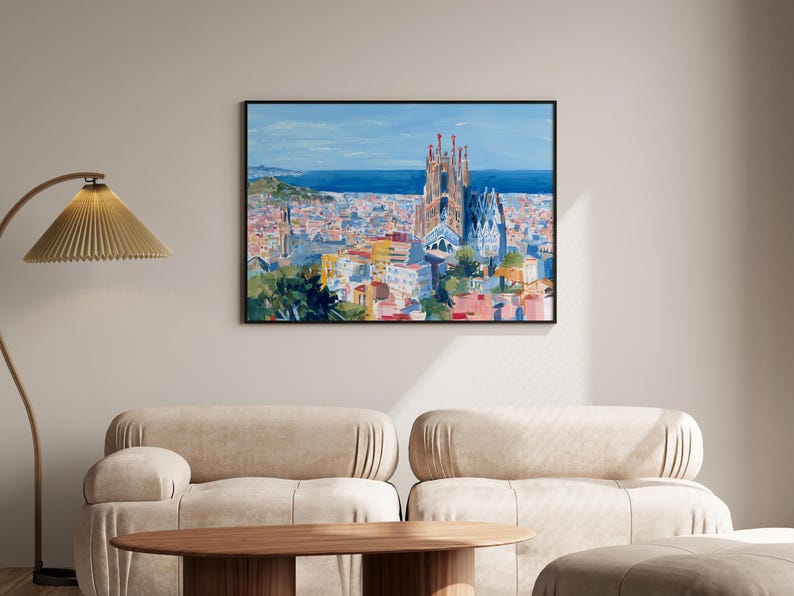Spain Barcelona Skyline Painting Art Print Sagrada Familia Impressionism Ready to Hang Wall Decor image 5