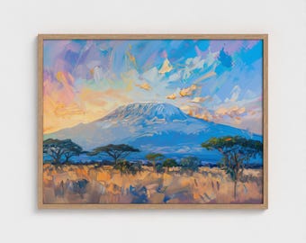 Pintura del Monte Kilimanjaro, Impresión artística de Tanzania, Póster de viaje de Tanzania, Impresión artística de África, Decoración de pared lista para colgar, Impresión artística de montaña volcánica
