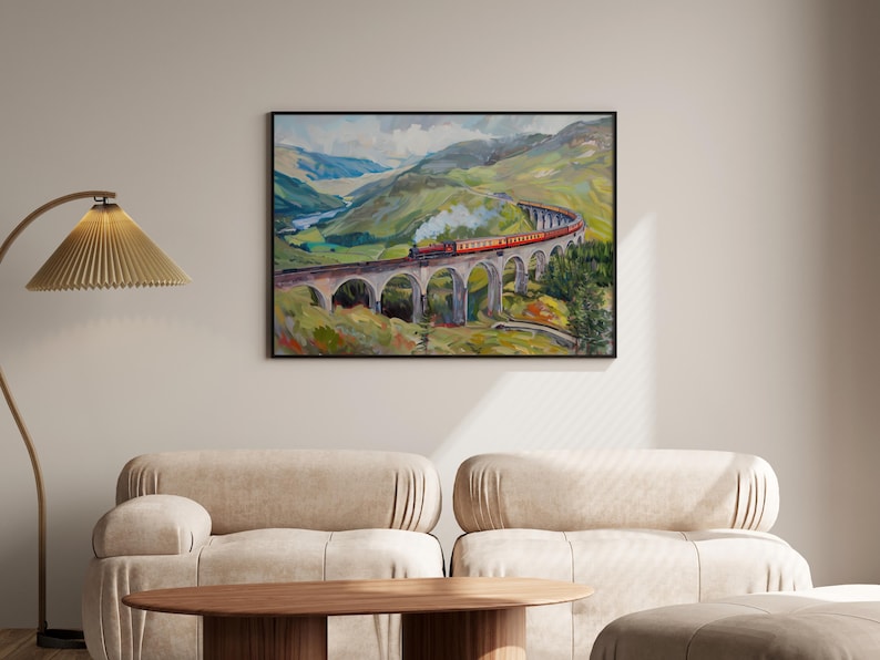 Scotland Highland Oil Painting Glenfinnan Viaduct Art Print Train Running through Scotland Nature Beauty Wall Decor Scotland Travel Gift image 4
