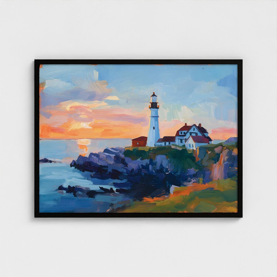 Maine Portland Head Lighthouse Oil Painting Art Print USA Maine Travel ...