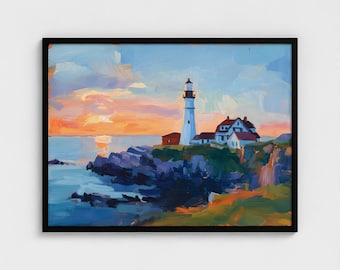 Stampa artistica con dipinto a olio del faro di Portland Head nel Maine, USA, poster di viaggio nel Maine, paesaggio costiero del Maine, pronto da appendere, arte murale
