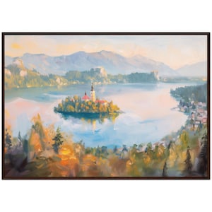 Dipinto del lago di Bled, Slovenia, stampa artistica del paesaggio, decorazione murale della natura tranquilla, dipinto del paesaggio del lago di Bled, pronto da appendere, arte murale
