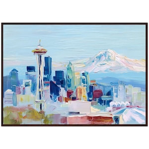 Seattle Space Needle Painting Seattle Skyline Art Print Seattle Washington Cityscape Wall Art Travel USA Ready to Hang Framed Art Print