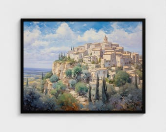 Provence Oil Painting France Travel Art Print Provence Vintage Painting Ready to Hang Wall Décor Village of Gordes Painting Ready to Hang