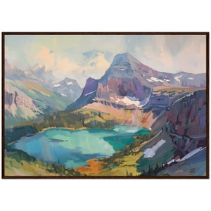 Stampa di montagna con dipinto a olio del Parco Nazionale dei Ghiacciai, decorazione murale naturalistica, stampa artistica del Lago Grinnell, poster di viaggio del Montana, stampa artistica degli Stati Uniti, arte incorniciata