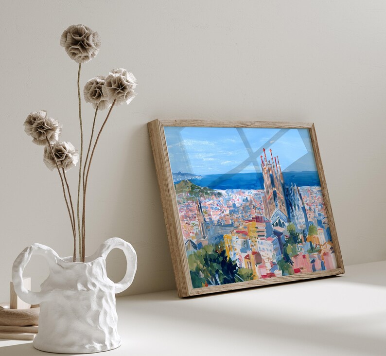 Spain Barcelona Skyline Painting Art Print Sagrada Familia Impressionism Ready to Hang Wall Decor image 4