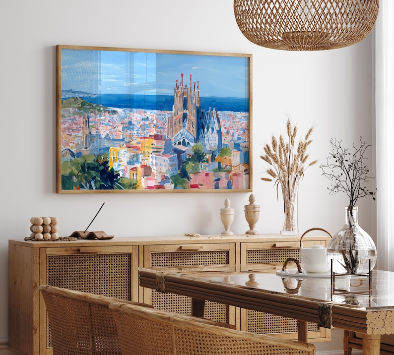 Spain Barcelona Skyline Painting Art Print Sagrada Familia Impressionism Ready to Hang Wall Decor image 2