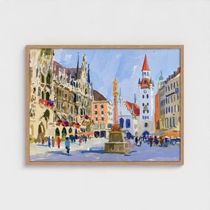 Impression d'art peinture vieille ville de Munich Allemagne Décoration murale Altstadt de Munich Allemagne paysage urbain encadré art Munich Marienplatz