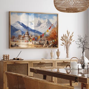 Mountain Majesty: Himalaya-gebergte met kloosterolieverfschilderij - Mount Everest-kunstdruk, kant-en-klaar muurdecor Cadeau bergliefhebber afbeelding 2