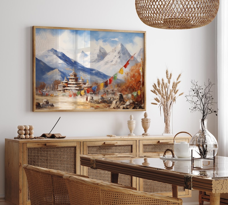 Mountain Majesty: Himalaya-gebergte met kloosterolieverfschilderij - Mount Everest-kunstdruk, kant-en-klaar muurdecor Cadeau bergliefhebber afbeelding 2