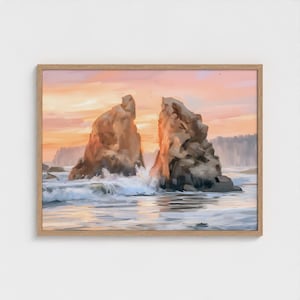 May include: A framed landscape painting depicting two large, jagged rock formations rising from the ocean. The scene is set during a sunset with a soft orange and pink sky, while white waves crash against the base of the rocks in the water.