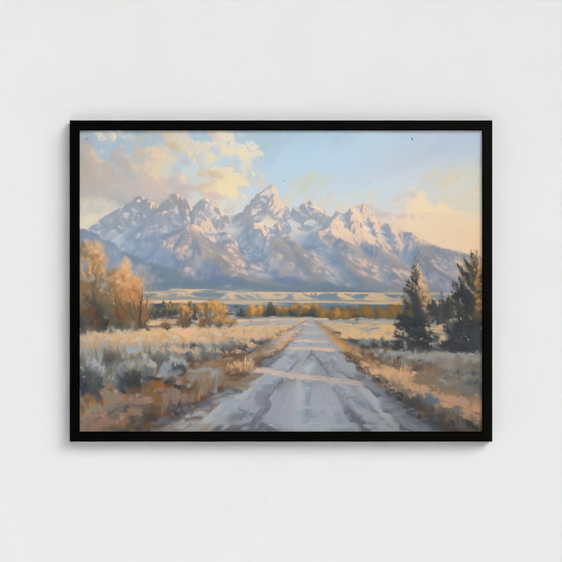 Dipinto del Parco Nazionale del Grand Teton, decorazione western, stampa di montagna, decorazione murale naturalistica, dipinto sulla strada del Grand Teton, decorazione murale con paesaggio montano immagine 1