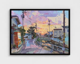 Pintura callejera japonesa, pintura callejera rural japonesa, pintura de Tokio, arte callejero japonés tranquilo, decoración de pared lista para colgar, atardecer en un pueblo japonés