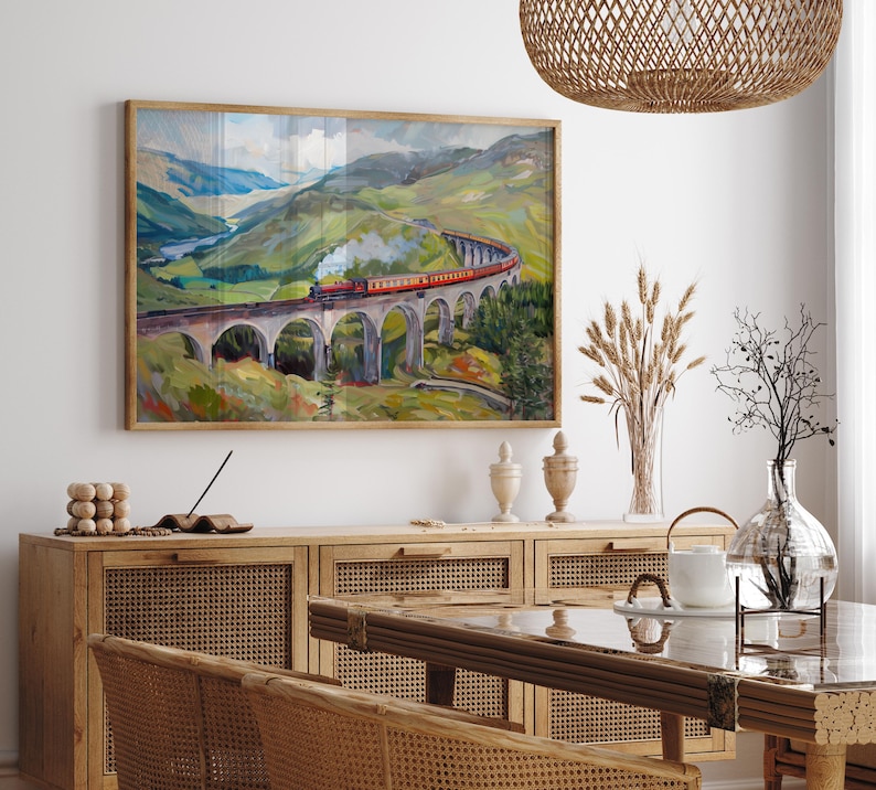 Scotland Highland Oil Painting Glenfinnan Viaduct Art Print Train Running through Scotland Nature Beauty Wall Decor Scotland Travel Gift image 3