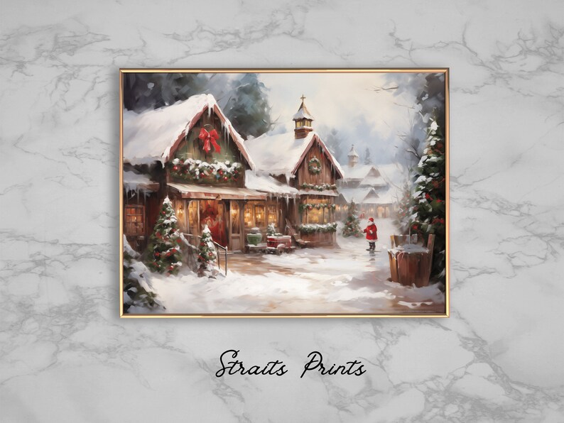 Vintage Christmas Street Oil Painting Festive Holiday Art Vintage