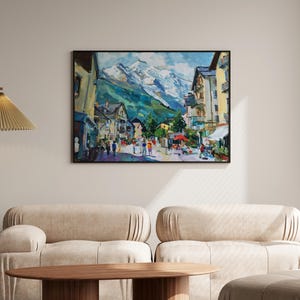 France Mont Blanc Oil Painting Art Print Street of Chamonix Travel Print France Alps Wall Decor image 3