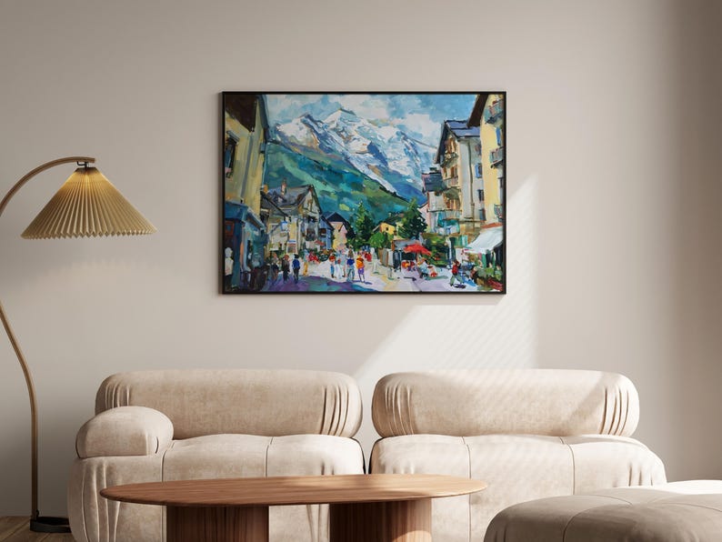 France Mont Blanc Oil Painting Art Print Street of Chamonix Travel Print France Alps Wall Decor image 3