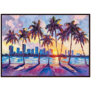Miami Sunset Miami Skyline Painting Miami Palm Tree Art Print Miami Vice City Wall Art Miami USA Ready to Hang Framed Art Print