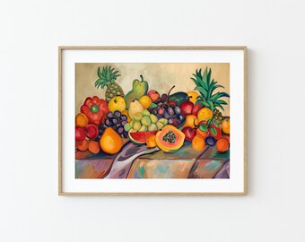 Nature morte de fruits, peinture de style Henry Matisse, oeuvre d'art fauviste, impression de fruits, couleurs vives, nature morte, peinture, décoration maximaliste