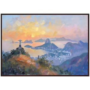 Gravura artística do Rio de Janeiro, horizonte da cidade da América do Sul - Brasil Gravura artística Pintura a óleo Cristo Redentor Cartaz de viagem Impressionismo carioca