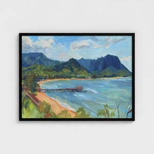 Impresión artística de pintura al óleo del muelle de la bahía de Hanalei, Kauai, Hawái, pintura de Kauai, decoración de cascada de montaña de Hawái, lista para colgar, arte de pared de EE. UU.