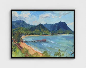 Hawaii Kauai Hanalei Bay Pier Dipinto ad olio Stampa artistica Hawaii Kauai Dipinto Hawaii Montagna Cascata Decorazione Pronto da appendere USA Wall Art
